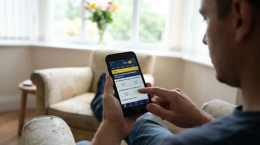 Punter reviewing make/miss cut betting odds on a UK bookmaker app