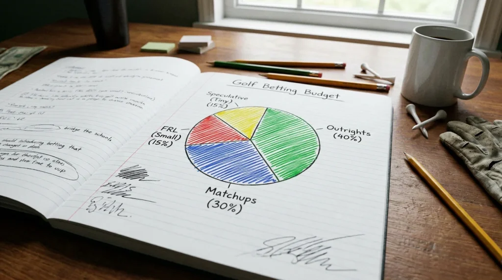 Pie chart sketch in a notebook dividing a betting budget across golf markets