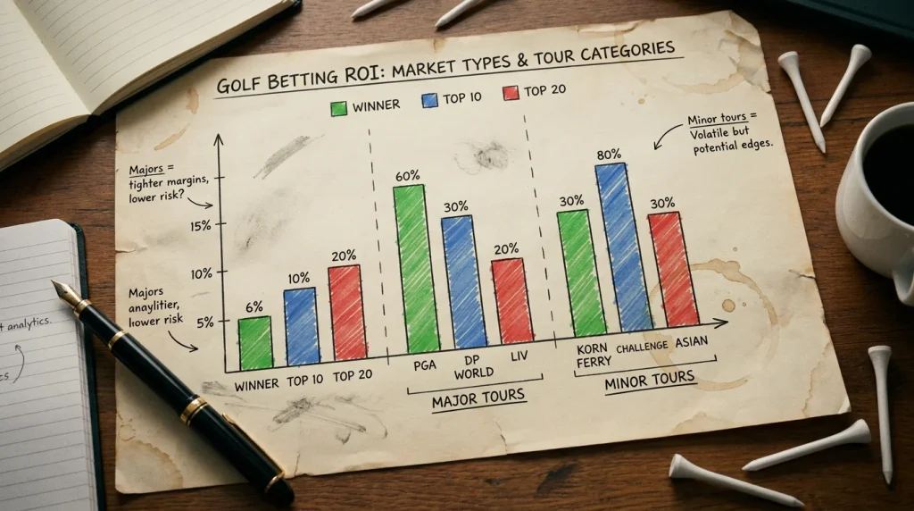 Bar chart comparing golf betting ROI across different markets and tour types