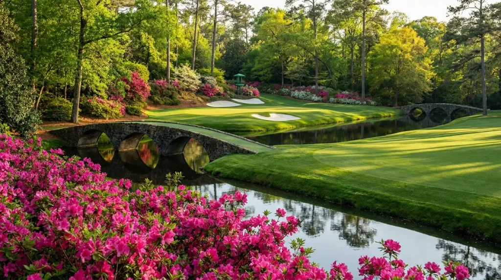 Iconic view of Augusta National with azaleas blooming beside the 12th green