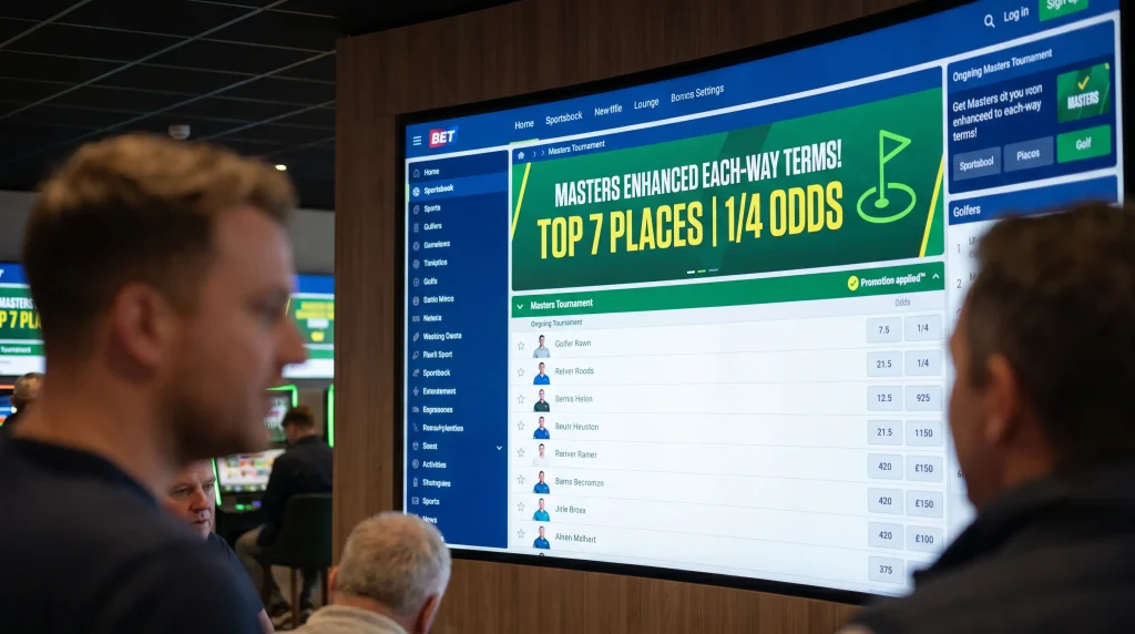 Bookmaker screen showing enhanced each-way terms for the Masters tournament