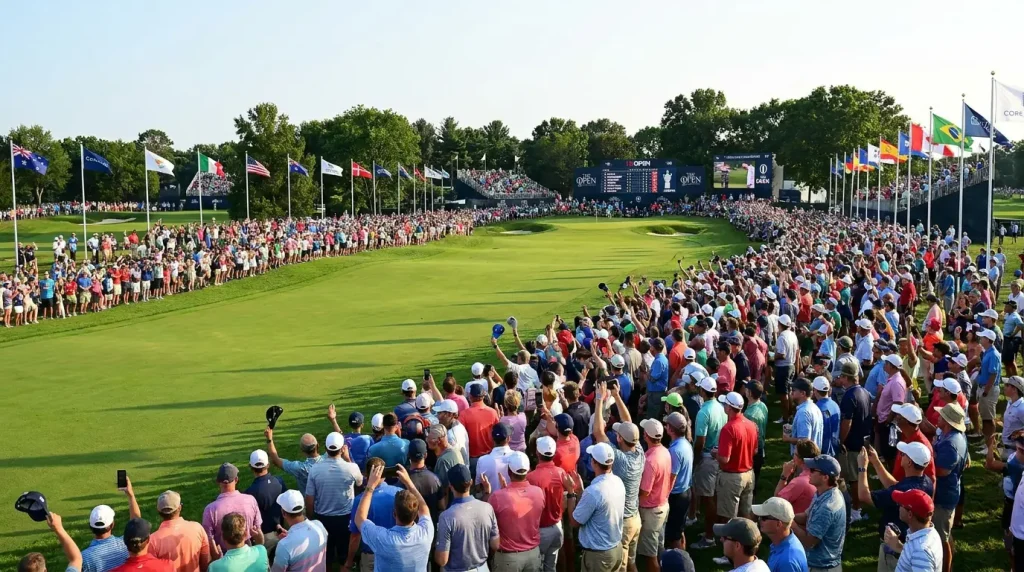Spectators lining the fairway at a major championship with flags and scoreboards visible