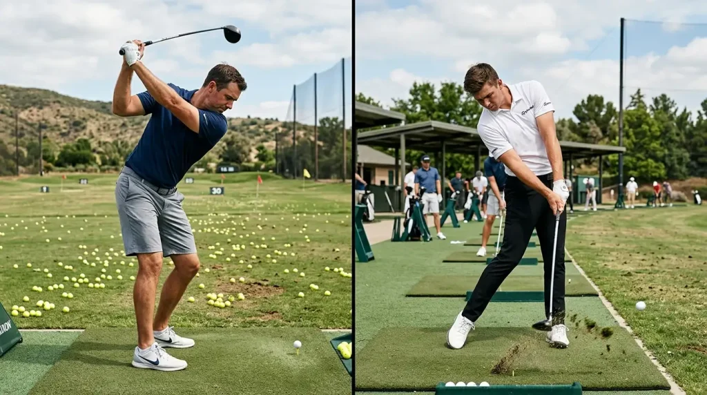 Split-screen comparison of two golfers mid-swing on the driving range