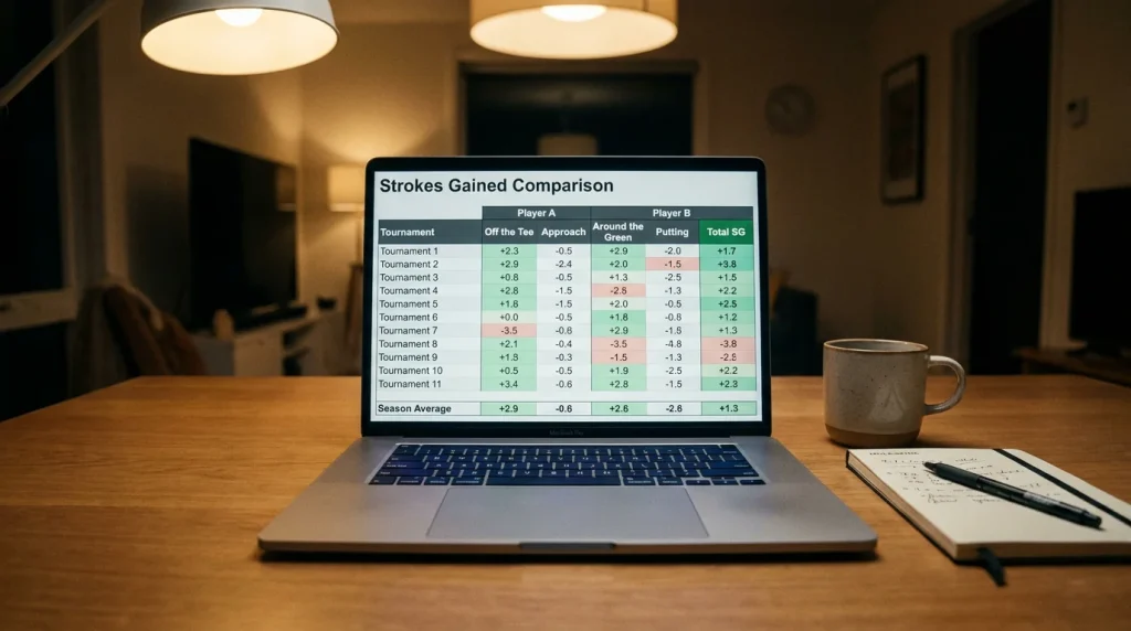 Laptop displaying strokes gained comparison data for two golfers