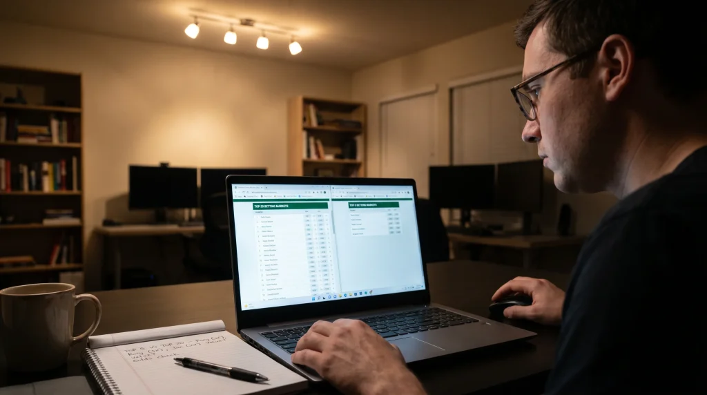 Punter comparing top-20 and top-5 golf betting market options on screen