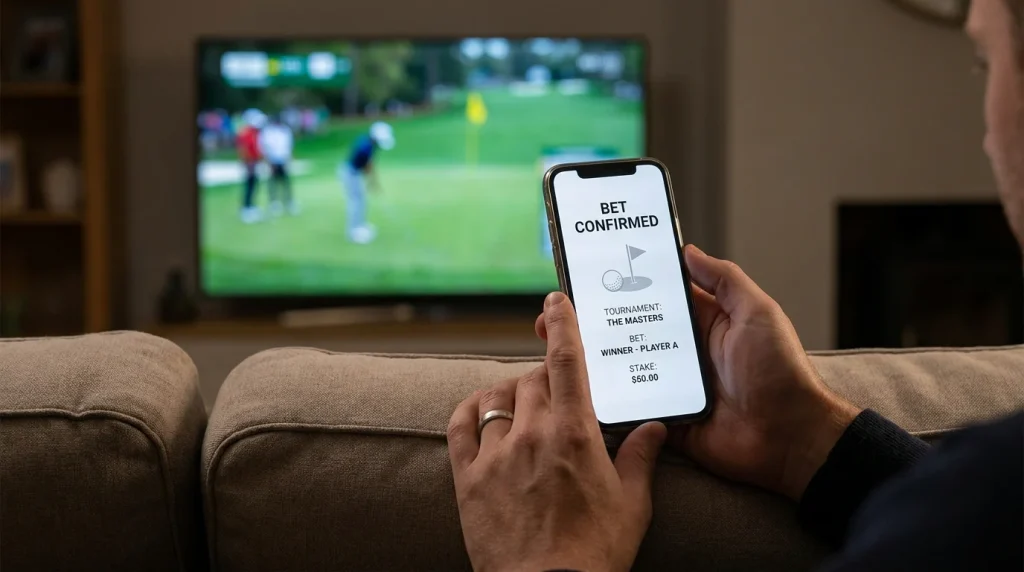 Golfer placing a bet on a mobile sportsbook app before a tournament round