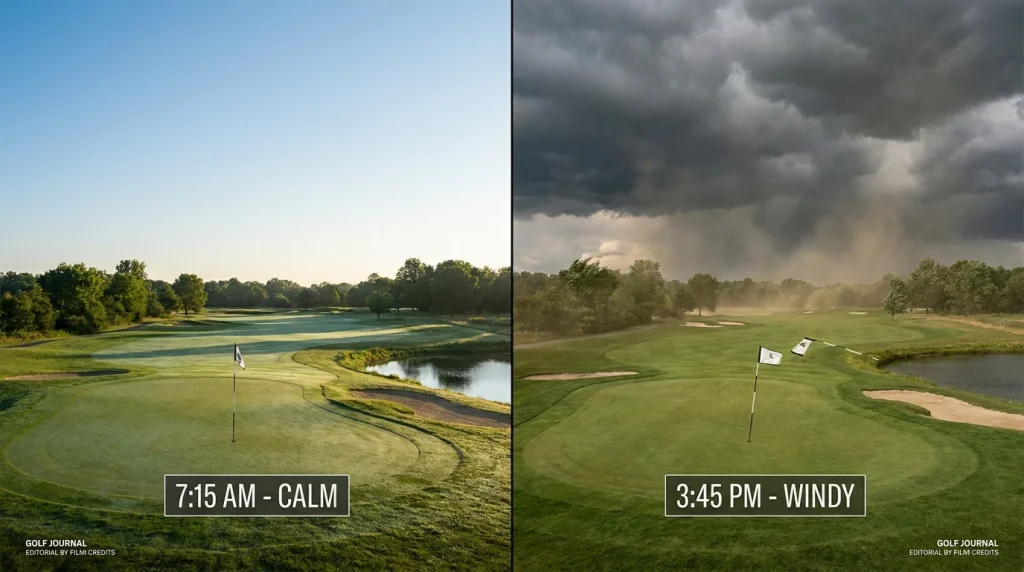 Two groups of golfers showing morning calm and afternoon wind conditions