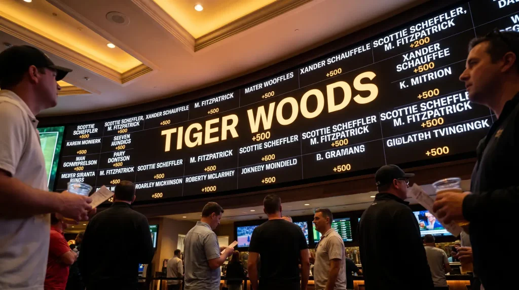 Famous golfer's name highlighted on a betting board surrounded by lesser-known players