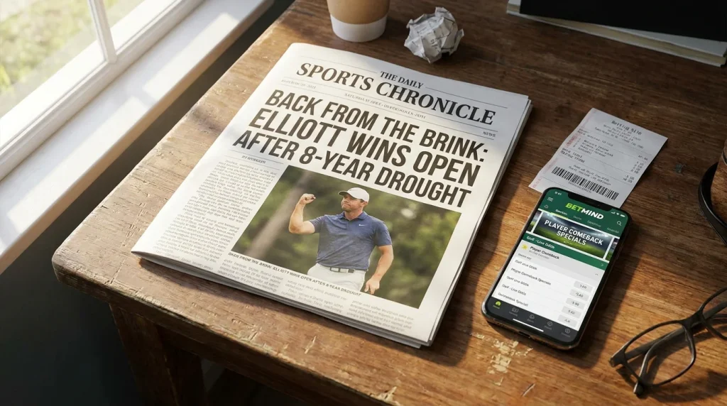 Newspaper headline about a golfer's comeback story beside an open betting app
