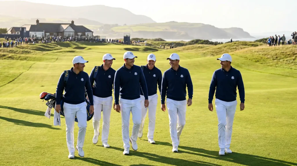 Group of European golfers walking together during a team event practice round