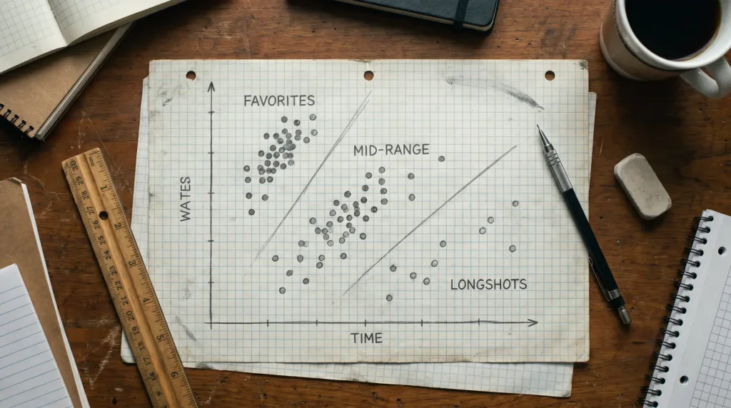 Scatter plot sketch showing betting performance grouped by odds range