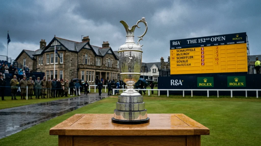 Claret Jug trophy displayed beside a leaderboard at a recent Open Championship