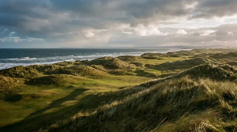 Dramatic links golf course with rolling dunes and a distant sea horizon