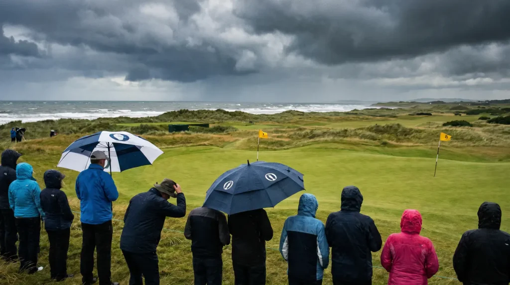 Gallery spectators bracing against strong wind at an Open Championship venue