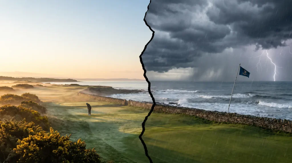 Split-screen showing calm morning conditions and stormy afternoon weather at a links course