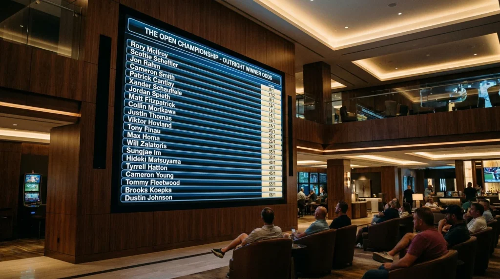 Golf betting board showing outright winner odds for a tournament field