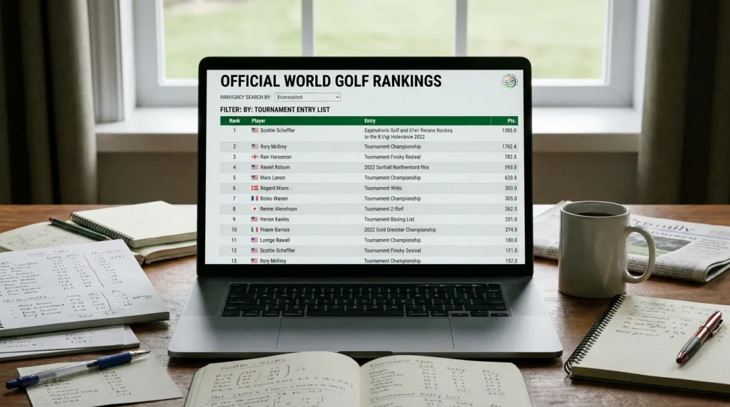 Laptop displaying OWGR rankings sorted by tournament entry list