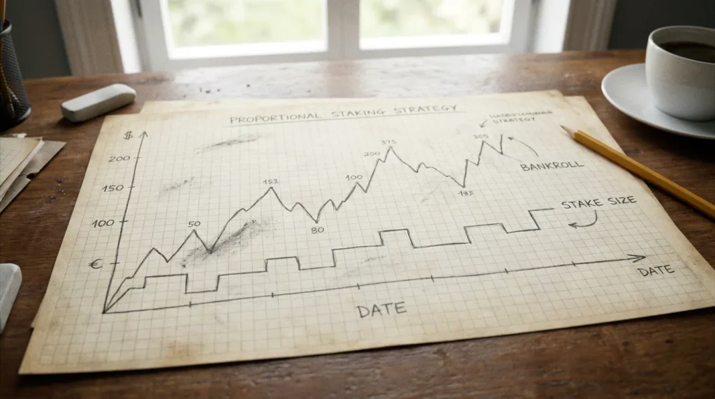 Line graph showing stake sizes adjusting proportionally as a bankroll fluctuates