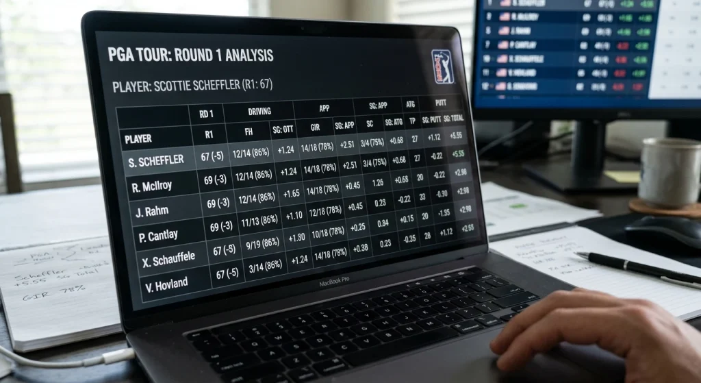 Laptop screen showing round-by-round strokes gained breakdown for a PGA Tour player