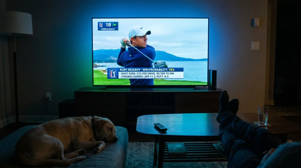 Television broadcast overlay showing live golf shot data and win probabilities