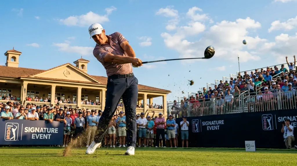 Professional golfer hitting a tee shot at a PGA Tour signature event