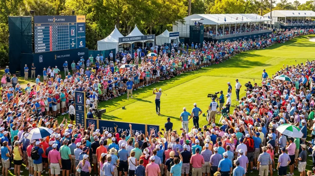 Packed gallery watching elite golfers compete at a PGA Tour signature event