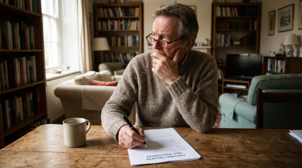 Person quietly filling in a problem gambling self-assessment questionnaire
