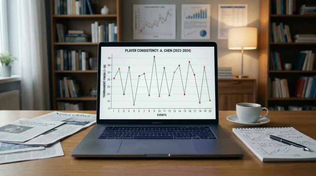 Laptop displaying a golf player consistency chart with finishing positions plotted