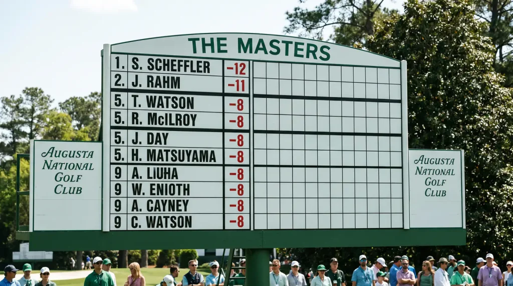 Golf scoreboard showing four players tied for fifth place