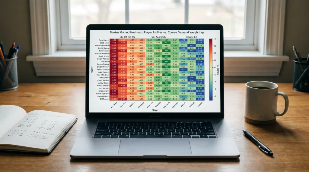 Laptop displaying a strokes gained heatmap matched against course demands