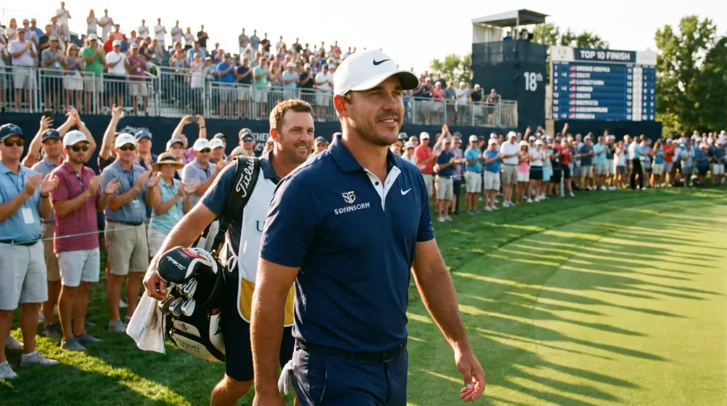 Golfer finishing a round with a modest fist pump after a top-ten result