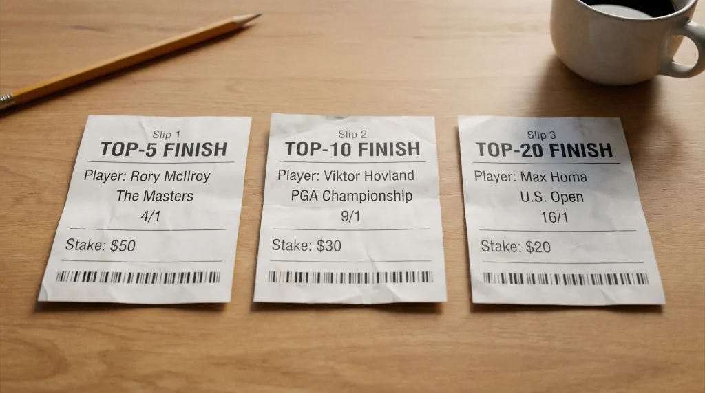 Three side-by-side betting slips showing top-5, top-10 and top-20 golf odds