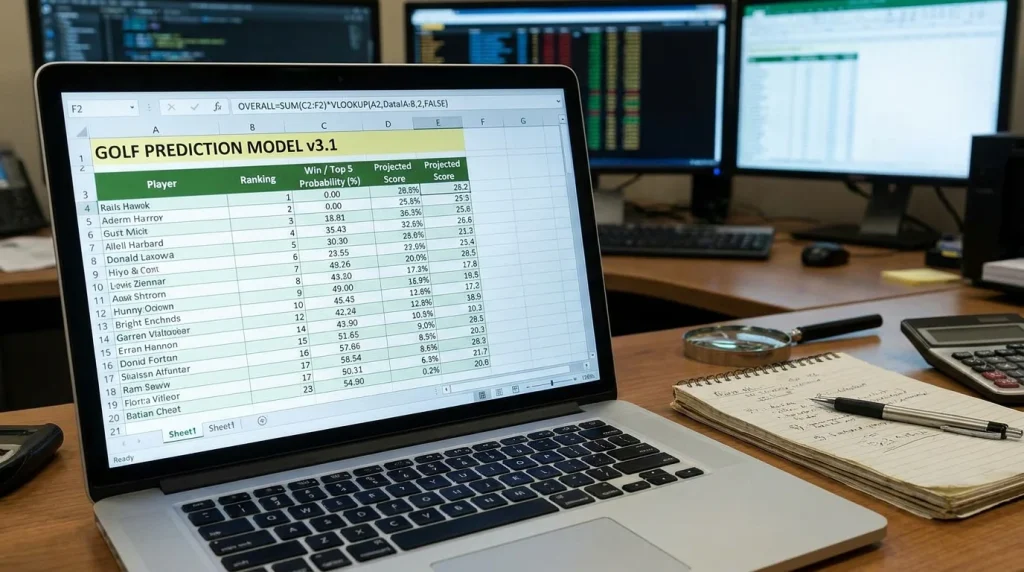 Laptop displaying a custom golf prediction model spreadsheet with probability outputs