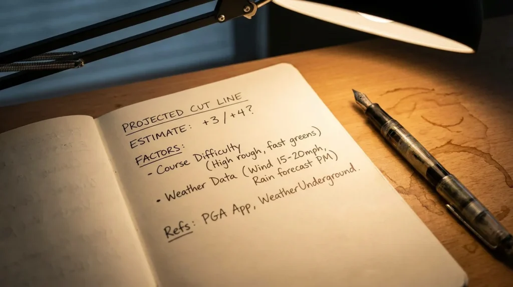Handwritten notes estimating the projected cut line based on course and weather data