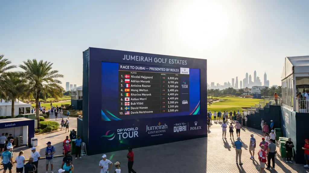 DP World Tour Race to Dubai leaderboard displayed at an event venue