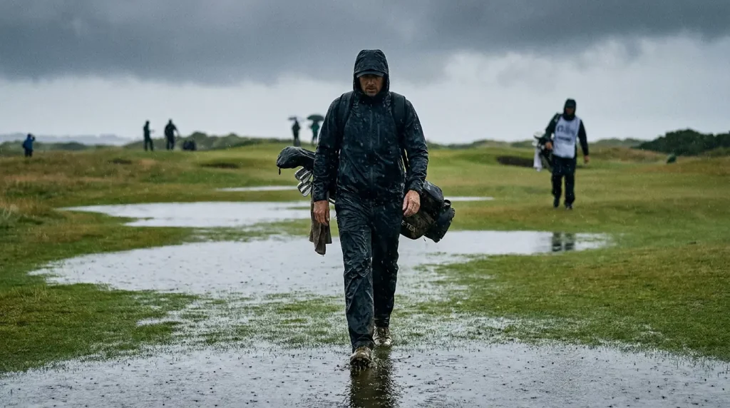 Golfer walking through puddles on a rain-soaked fairway