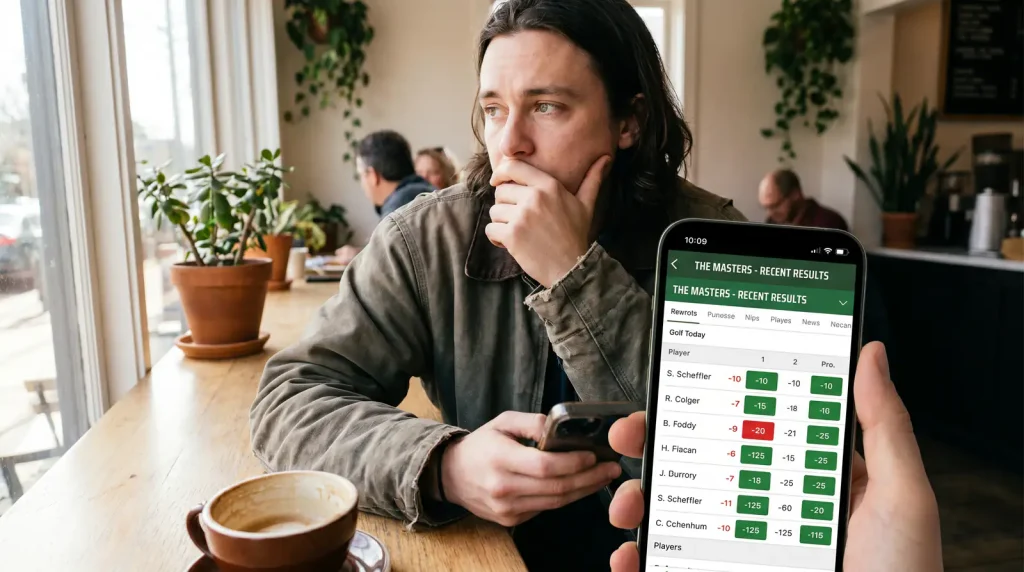 Punter hesitating over a golf betting slip after studying recent results