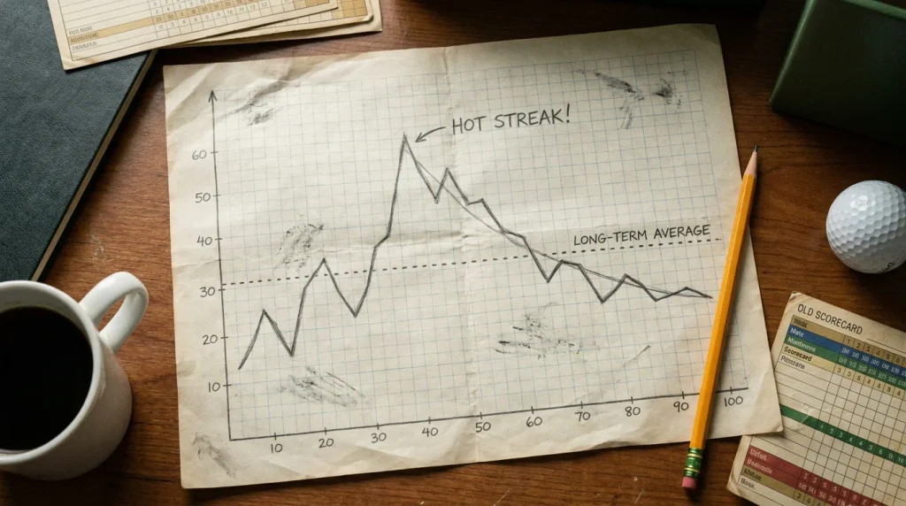 Graph showing a golfer's scoring reverting toward a long-term average after a hot streak