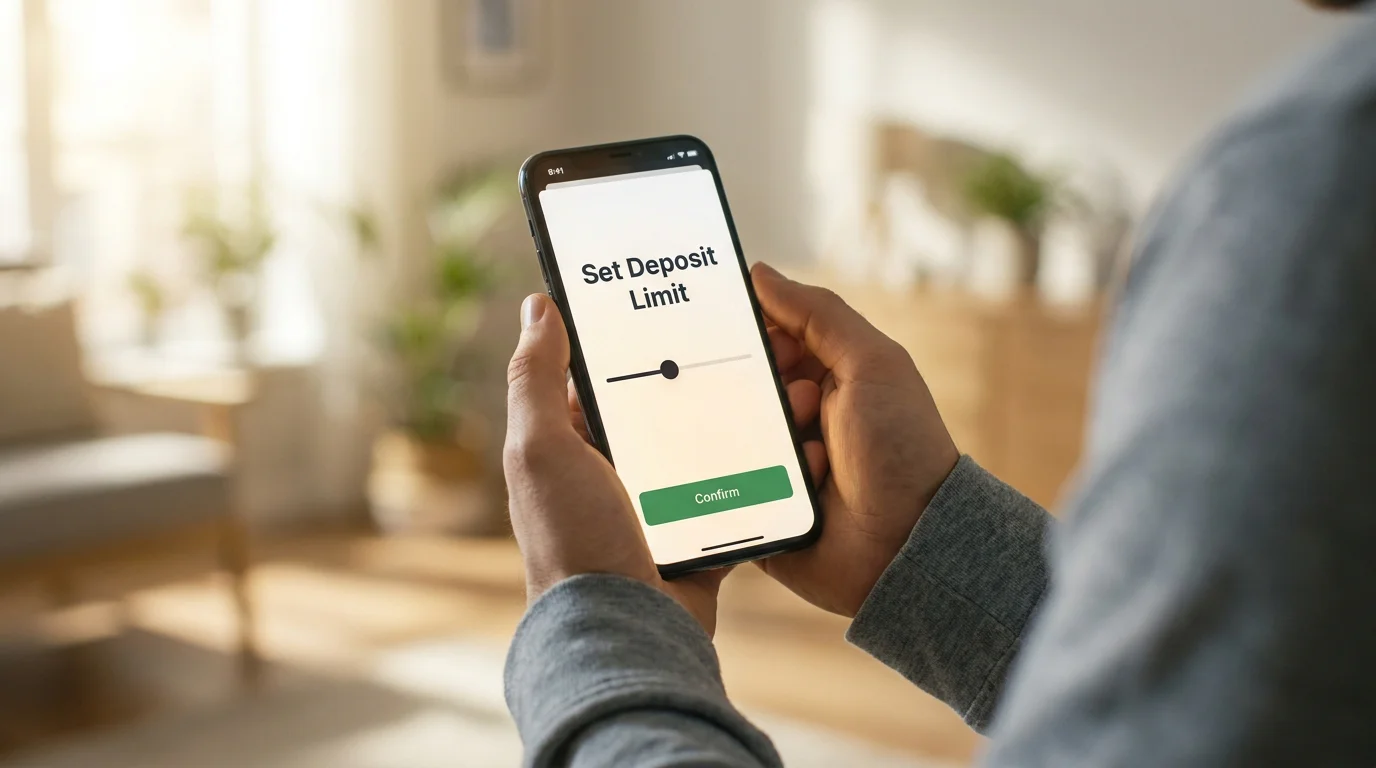 Person holding a smartphone displaying a deposit limit setting screen on a betting app