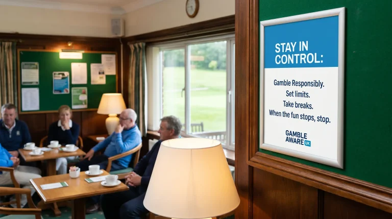 Responsible gambling information display at a UK golf club betting area