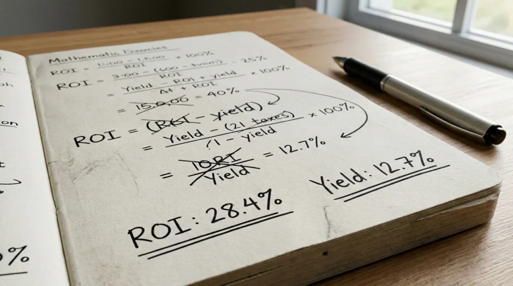 Notebook page showing ROI and yield percentage calculations for golf bets