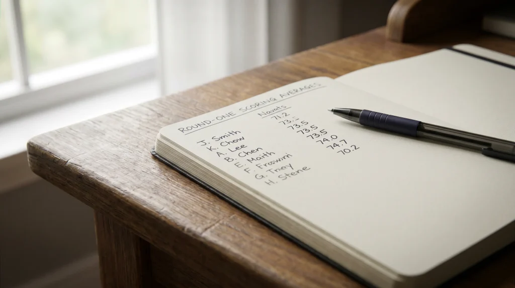 Notebook with handwritten golf stats and round-one scoring averages