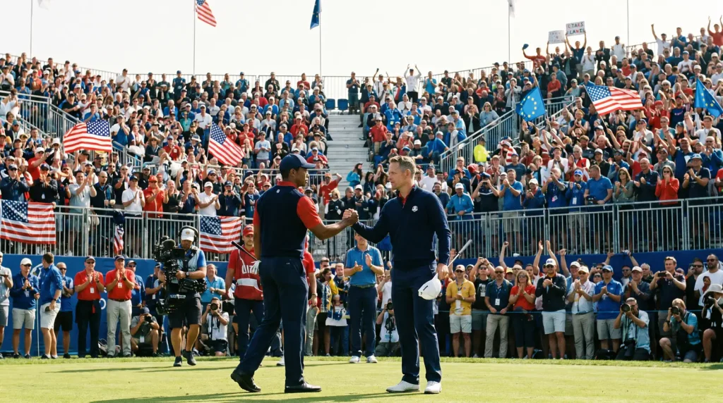 Team Europe and Team USA captains shaking hands on the first tee at the Ryder Cup