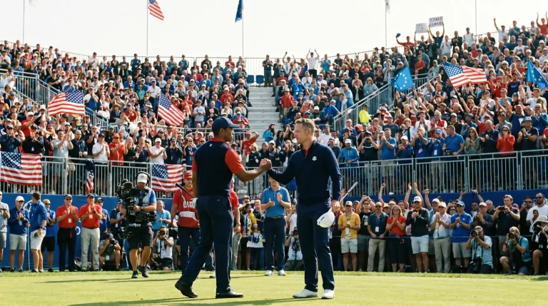 Team Europe and Team USA captains shaking hands on the first tee at the Ryder Cup