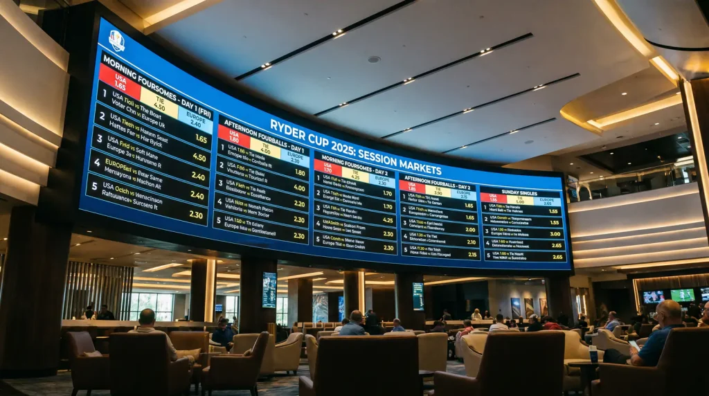 Bookmaker screen listing Ryder Cup session betting markets by morning and afternoon