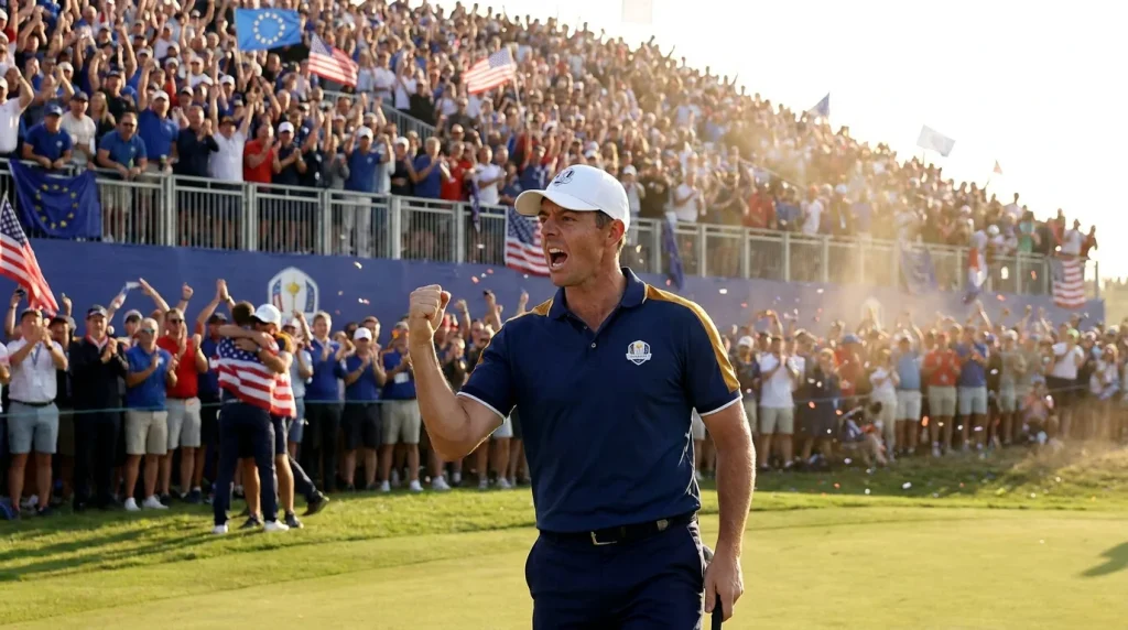 Golfer celebrating a crucial putt during Sunday singles at the Ryder Cup