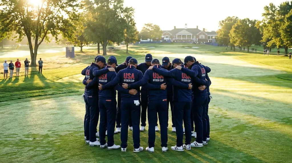 Ryder Cup team huddle on the practice green before the opening session