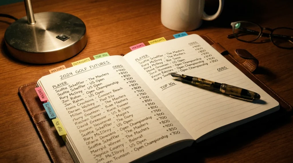 Notebook with a handwritten list of golf futures bets for the season