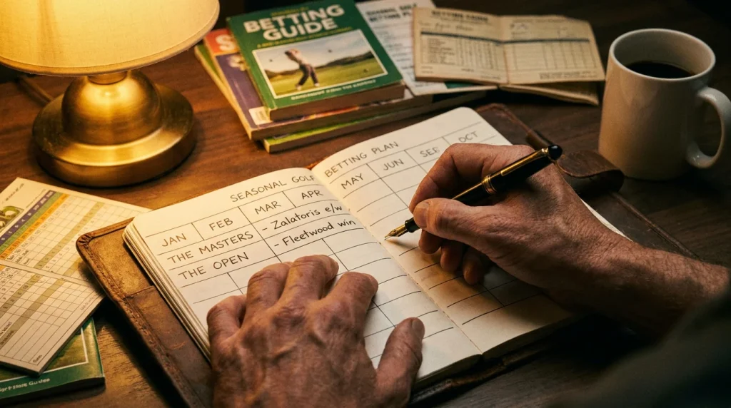 Punter mapping out a seasonal golf betting plan in a notebook