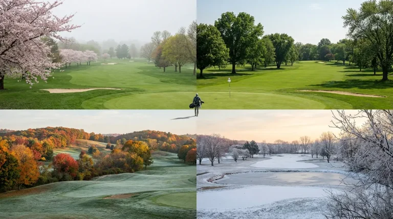Golf course in four seasonal panels showing spring, summer, autumn and winter conditions
